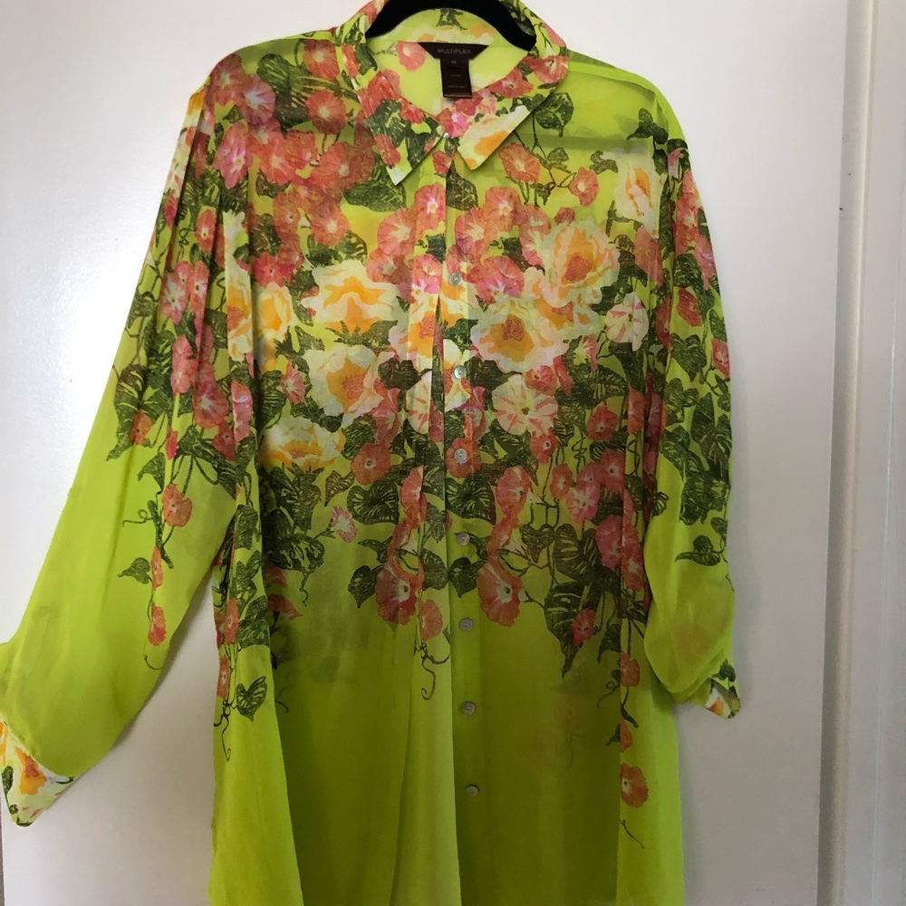 Floral lime green sheer long sleeve blouse.